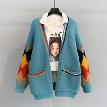 Load image into Gallery viewer, H.SA 2019 Knit Sweater Cardigan Women V neck Argyle Patchwork Knit Coat Long Sleeve Warm Thick Winter Tops Winter Sweater Jacket