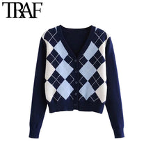 Load image into Gallery viewer, TRAF Women Cardigan Vintage Stylish Geometric Pattern Short Knitted Sweater Fashion Long Sleeve England Style Outerwear Chaqueta