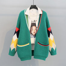 Load image into Gallery viewer, H.SA 2019 Knit Sweater Cardigan Women V neck Argyle Patchwork Knit Coat Long Sleeve Warm Thick Winter Tops Winter Sweater Jacket
