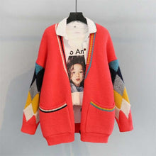 Load image into Gallery viewer, H.SA 2019 Knit Sweater Cardigan Women V neck Argyle Patchwork Knit Coat Long Sleeve Warm Thick Winter Tops Winter Sweater Jacket
